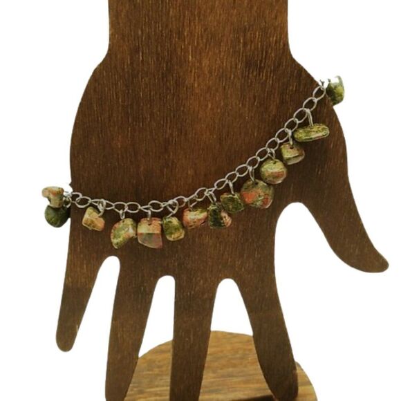 Artisan Unakite Jasper Bracelet Green Pink Stone Beads Silver Chain Toggle Clasp - Picture 10 of 13